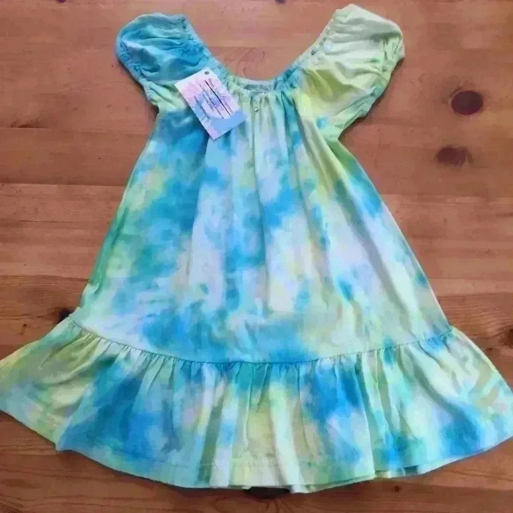 New! Hand Tie dye Puff Sleeve Single Flounce Dress Easter 100% cotton girls 4